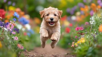 A puppy running through a field of flowers photo