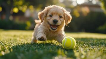 A puppy playing with a tennis ball photo