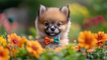 A small dog wearing a bow tie in the middle of flowers photo