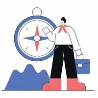 Guidance and Direction Professional Flat Illustration of Person with Compass. vector
