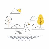 Minimalist Swan Lake Autumn Scene Elegant Line Art Graphic. vector