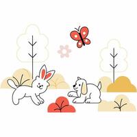 Cute Bunny and Puppy Spring Illustration Playful Animals, Pastel Colors. vector