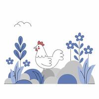 Cute White Hen in Blue Flower Garden Simple Line Art Illustration. vector