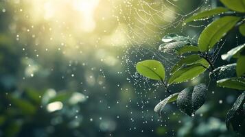 Raindrops on a leafy tree with a spider web photo