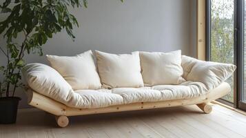 A wooden sofa with pillows on it photo