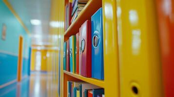 A colorful bookcase in a hallway photo
