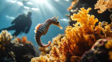 A seahorse and a diver in the ocean photo