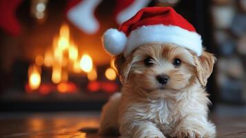 A puppy wearing a santa hat sitting in front of a fireplace photo