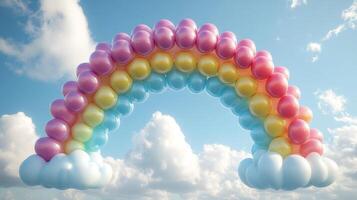 A rainbow made of balloons is shown in the sky photo