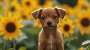 A small brown dog is standing in front of sunflowers photo