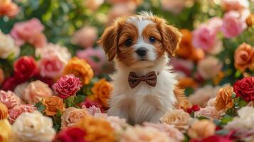 A puppy sitting in a field of flowers photo
