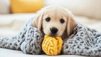 A puppy is wrapped in a blanket and chewing on a toy photo