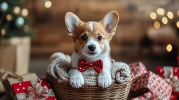 A cute corgi puppy sitting in a basket with presents photo