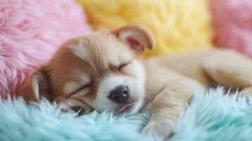 A small puppy sleeping on a colorful blanket photo