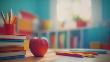 An apple sits on top of a stack of books and pencils photo