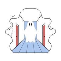 Friendly Ghost in Hallway Cute Halloween Illustration Cartoon Style. vector