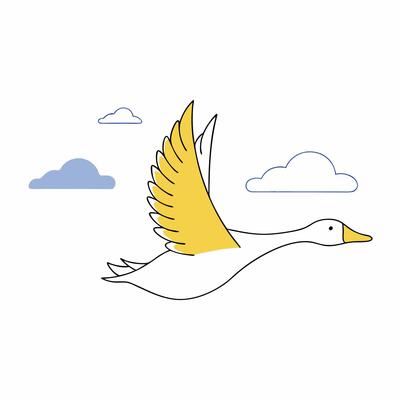 Flying Goose Illustration Yellow Wings, Cloudy Sky.