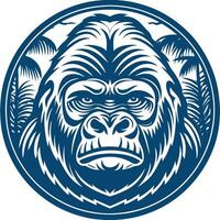 Gorilla head in the jungle with trees and leaves vector