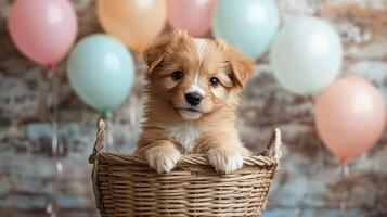 A puppy sitting in a basket with balloons photo