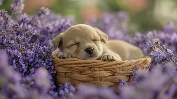 A puppy sleeping in a basket of lavender flowers photo