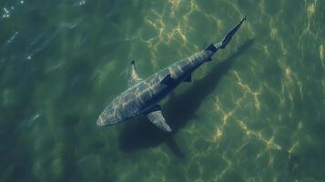 A shark swimming in the ocean with its head above the water photo