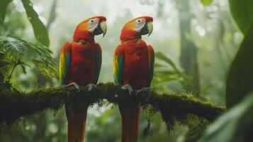 Two red macaws perched on a branch in the jungle photo