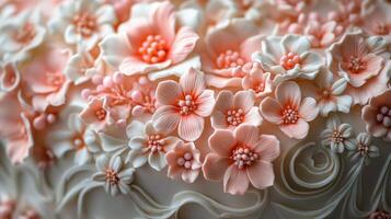 A close up of a cake with pink and white flowers photo