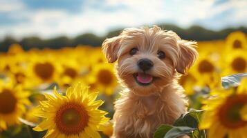 A small dog is standing in a field of sunflowers photo
