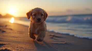 Golden retriever puppy running on the beach at sunset photo