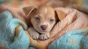 A small brown and white puppy is wrapped in a blanket photo