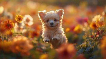A small dog running through a field of flowers photo