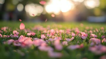 Pink petals on the grass in the sun photo