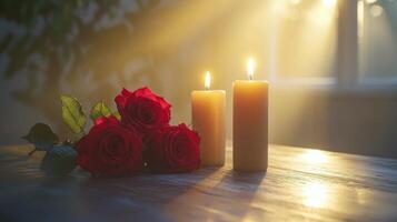 Two candles and red roses on a table photo
