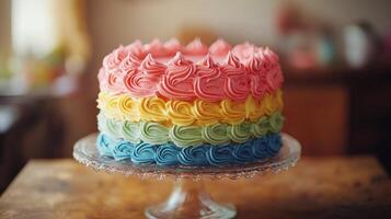 A cake with rainbow frosting on top photo