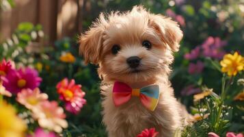 A small dog wearing a colorful bow tie in a field of flowers photo