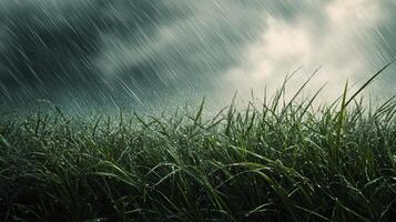 Rainy grass with dark clouds and rain photo