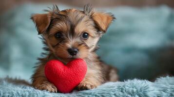 A small dog holding a red heart photo