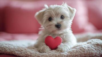 A small white dog is holding a red heart photo