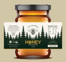 Premium artistic honey jar label featuring a unique vintage-modern blend. forest silhouette design and bold golden text create a striking appearance for organic honey packaging. vector
