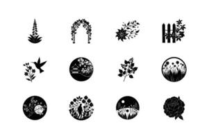 A collection of twelve minimalist black and white floral illustrations. Includes flowers, plants, a garden arch, fence, hummingbird, and scenic views. vector