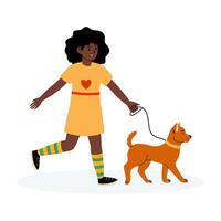Young girl enjoys a sunny day while walking her cheerful dog in a park setting vector