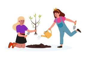 Two girls planting a tree in a garden on a sunny day while having fun and learning vector