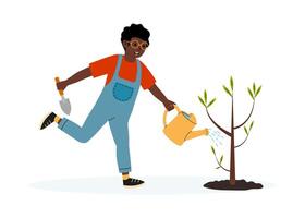Young person watering a newly planted tree in a playful garden setting during a sunny day vector
