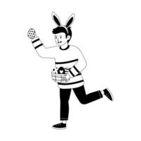 Child wearing bunny ears happily running with an Easter basket filled with eggs vector