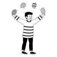 Boy juggling colorful eggs while smiling in a playful environment during springtime festivities vector
