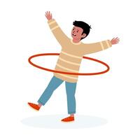 Boy hula hooping and having fun in a playful indoor setting vector