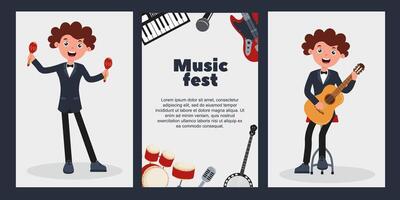 Music fest featuring cheerful musicians and various instruments in a vibrant setting vector