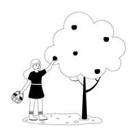 Girl picking apples from a tree while holding a basket in a simple landscape setting vector