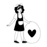 Girl wearing bunny ears standing next to large heart-shaped egg in playful setting vector