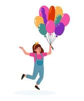 Girl joyfully running with colorful balloons in her hands at a festive occasion vector
